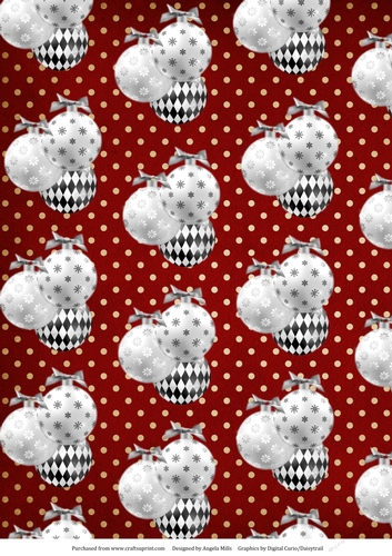 A4 Christmas Paper Silver/White/Black Baubles on Red Polka Dot Background