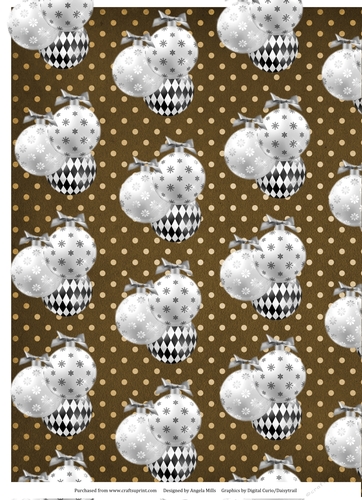 A4 Christmas Paper Silver/White/Black Baubles on  Coffee Polka Dot Background