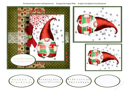 6 x 6 Christmas Card Front Red/Green Gnome with Toppers and Sentiments