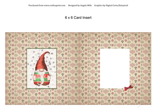 6 x 6 Christmas Card Insert, Red/Green Gnome on Vintage Baubles Background, Blank