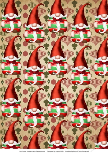 A4 Christmas Paper Red/Green Gnome on Fawn Vintage Baubles Background
