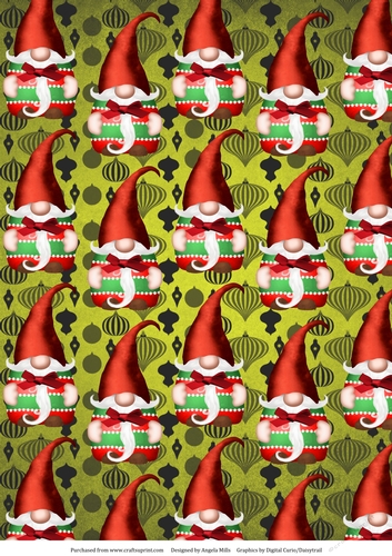 A4 Christmas Paper Red/Green Gnome on Green Vintage Baubles Background