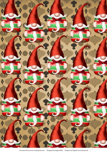 A4 Christmas Paper Red/Green Gnome on Fawn/Grey Vintage Baubles Background