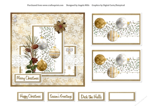 6 x 6 Christmas Card Front Gold/White Baubles with Toppers and Sentiments