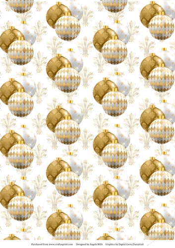A4 Christmas Paper Gold/White Baubles on a Gold/White Fleur de Lys Background