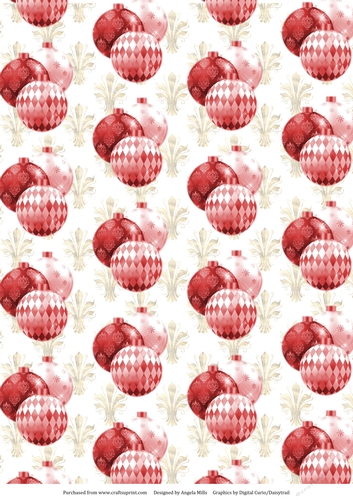A4 Christmas Paper Red/White Baubles on a Gold/White Fleur de Lys Background