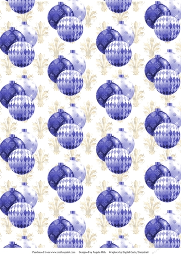 A4 Christmas Paper Blue/White Baubles on a Gold/White Fleur de Lys Background
