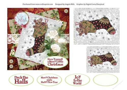 6 x 6 Christmas Card Front Christmas Stocking with Toppers and Sentiments, Red/Green/Lace