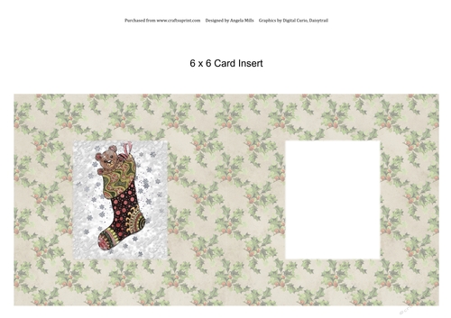 6 x 6 Card Insert Christmas Stocking on Cream/Green Holly Background, Blank
