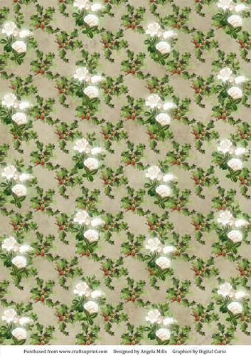 A4 Christmas Paper White Flowers on Cream/Green Holly Background