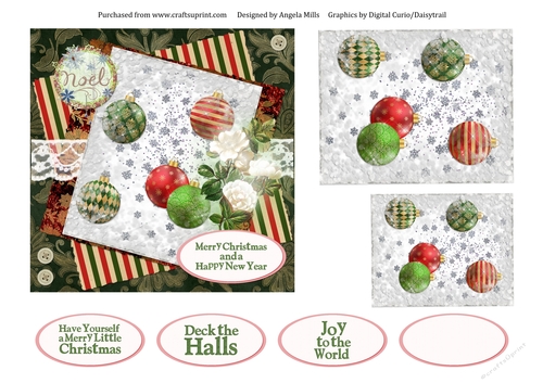 6 x 6 Christmas Card Front Red/Green Baubles with Toppers and Sentiments, Red/GreenLace