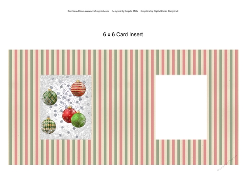 6 x 6 Christmas Card Insert, Red/Green Baubles on Red/Green/Kraft Striped Background, Blank
