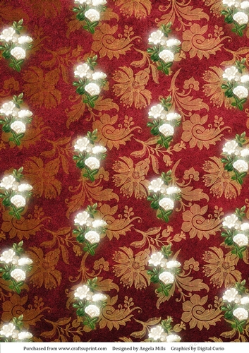 A4 Christmas Paper White Flowers on Red Floral Velvet Background