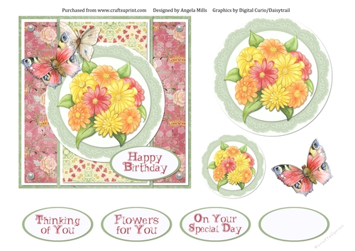 6 x 6 Card Front Floral Bouquet/Circular Lace Frame with Toppers and Sentiments, Pink/Green/Yellow