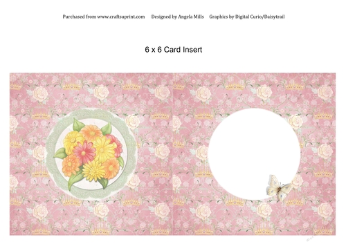 6 x 6 Card Insert Floral Bouquet/Circular Lace Frame on Pink Floral Background, Blank
