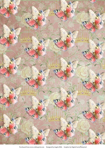 A4 Paper Pink/Yellow Butterflies on Taupe/Green Floral Background