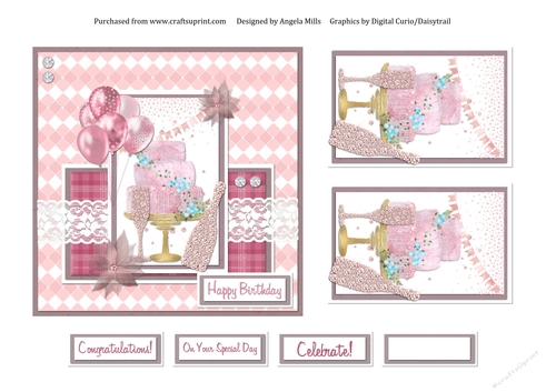 6 x 6 Pink Celebration Card Front Cake/Champagne/Balloons with Toppers and Sentiments