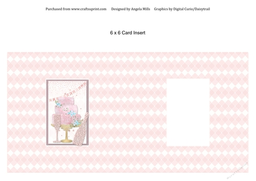 6 x 6 Card Insert Pink Celebration Cake/Champagne on Pink/White Harlequin Background, Blank