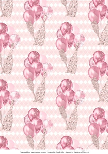 A4 Paper Pink Celebration Balloons/Champagne on Pink/White Harlequin Background