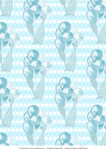 A4 Paper Turquoise Celebration Balloons/Champagne on Turquoise/White Harlequin Background