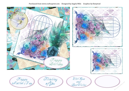 6 x 6 Card Front Bird/Birdcage with Toppers and Sentiments, Lilac/Turquoise
