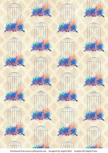 A4 Paper Floral Birdcages on Cream Damask Background