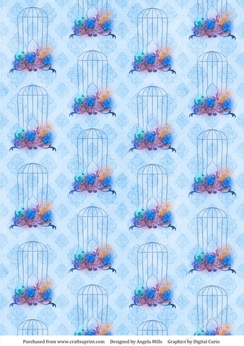 A4 Paper Blue/Lilac Floral Birdcages on Blue Damask Background