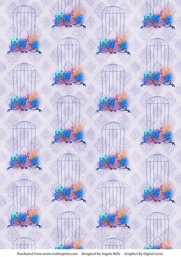 A4 Paper Blue/Lilac Floral Birdcages on Lilac Damask Background