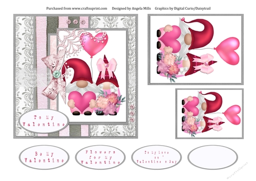 6 x 6 Valentine Card Cute Gnome Couple with Toppers and Sentiments, Pink/Grey
