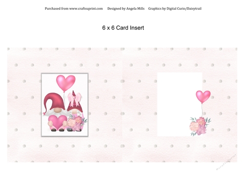 6 x 6 Valentines Day Insert Cute Gnome Couple/Heart Balloons on Pink Polka Dot Background, Blank