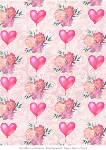 A4 Paper Valentine Heart Balloons/Watercolour Flowers on Warm Pink/White Floral Background