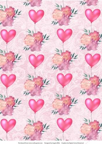 A4 Paper Valentine Heart Balloons/Watercolour Flowers on Cool Pink/White Floral Background