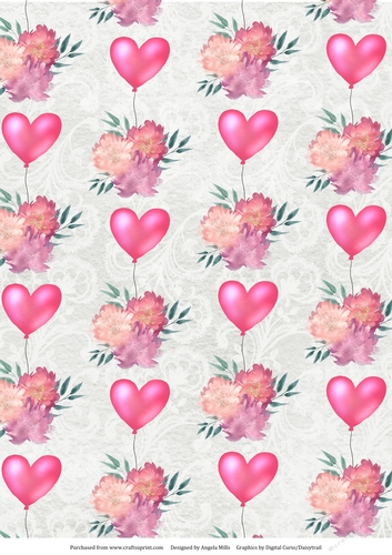 A4 Paper Valentine Heart Balloons/Watercolour Flowers on Pale Grey/White Floral Background