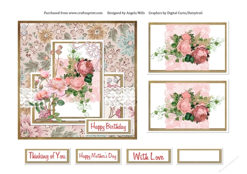 6 x 6 Shabby Chic Floral/Lace Pink Roses Card Front with Toppers and Sentiments