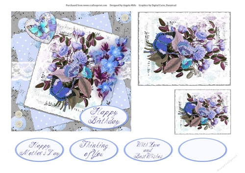 6 x 6 Floral Card Front Blue/Lilac Butterfly Bouquet with Toppers and Sentiments
