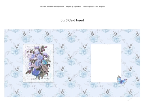 6 x 6 Card Insert Blue/Lilac Floral Bouquet on Pale Blue Floral Background, Blank