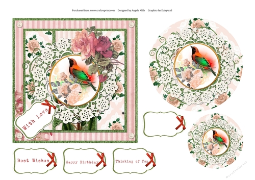 6 x 6 Shabby Chic Floral Bird Card Front with Toppers and Sentiments, Peach/Pink/Green