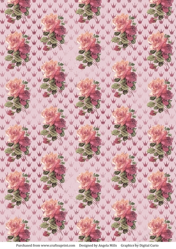 A4 Paper Shabby Roses on Distressed Pink/Red Crowns Background.