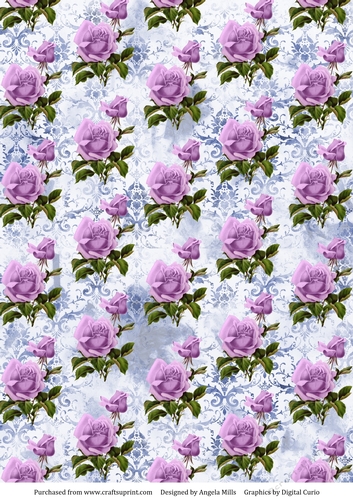 A4 Paper Lilac Roses on Blue Distressed Damask Background