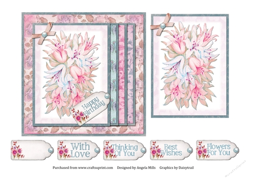 6 x 6 Card Front Pink/Blue Lilies with Topper and Sentiment Tags