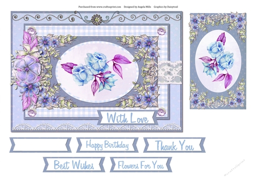 A5 Tent Card Blue Roses with Topper and Sentiment Toppers Blue/Lilac