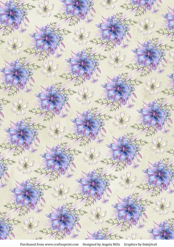 A4 Paper Blue/Lilac/White Floral on Cream Background