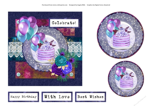 6 x 6 Purple Cake/Balloons Card Front with Toppers and Sentiment Toppers
