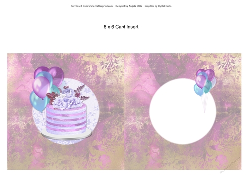 6 x 6 Card Insert Purple Cake/Balloons on Pink and Gold Background, Blank