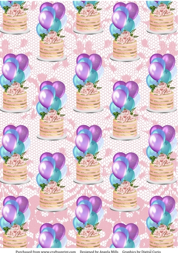 A4 Paper Floral Cake/Balloons on Pink Lace Background