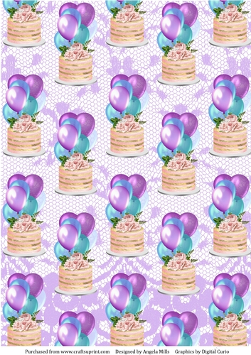 A4 Paper Floral Cake/Balloons on Lilac Lace Background