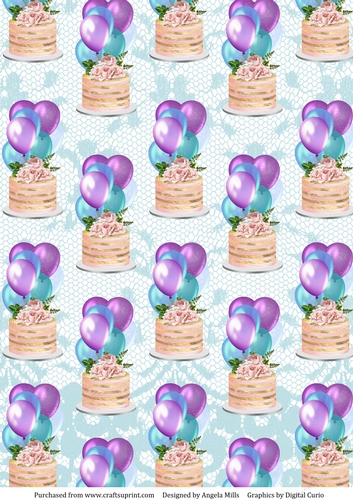 A4 Paper Floral Cake/Balloons on Aqua Lace Background