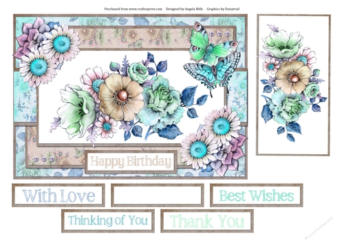 A5 Tent Card Aqua/Fawn Mixed Floral Butterflies with Topper and Sentiment Toppers, 
