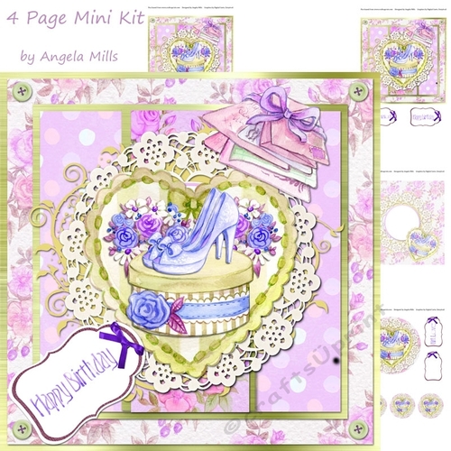 8 x 8 Card Mini Kit Floral Shoes/Hatbox Pink/Lilac/Gold 4 Sheets