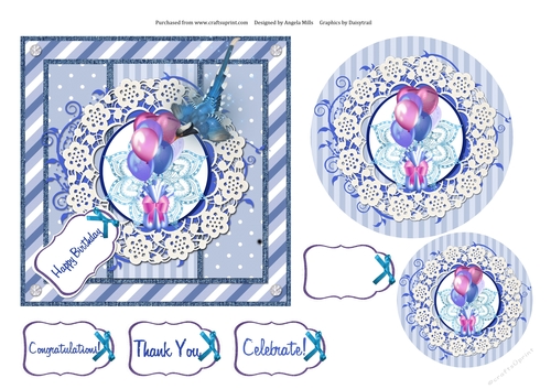 6 x 6 Blue Balloons/Bird Card Front with Toppers and Sentiment Tags